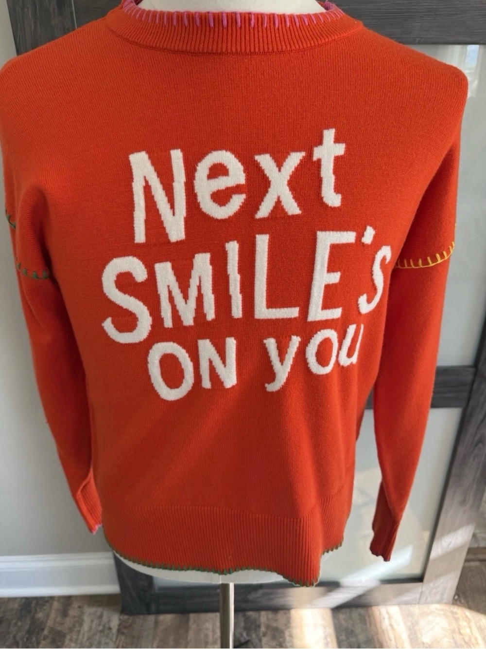 Kerri Rosenthal XO KR Next Smile's On You Sweater Orange Small Smiley Patch